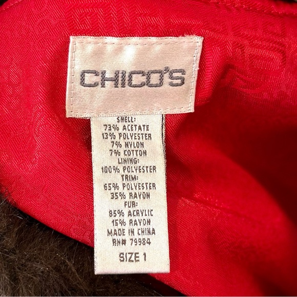 Chico's Faux Fur Vintage Jacquard Trim Mandarin IVest Size M Holiday Black & Red - Picture 12 of 14